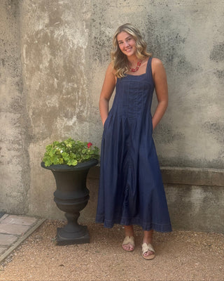 Smocked Denim Maxi Dress Denim / L