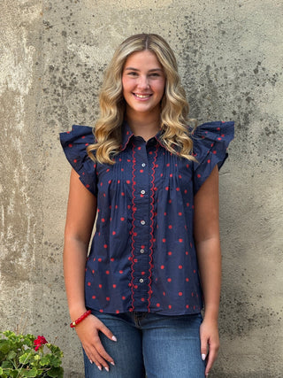 Polka Dot Scallop Trim Blouse - Annie Jack TX