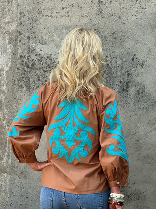 Turquoise Embroidered Ruffle Neck Western Top - Annie Jack TX