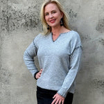 Blanket Stitch Notched Pullover Sweater - Annie Jack TX