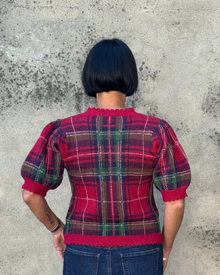 Plaid Button Down Short Sleeve Sweater - Annie Jack TX