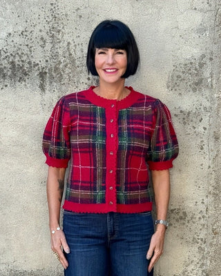 Plaid Button Down Short Sleeve Sweater - Annie Jack TX