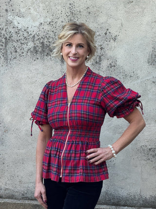 Plaid Zip Up Short Sleeve Top - Annie Jack TX