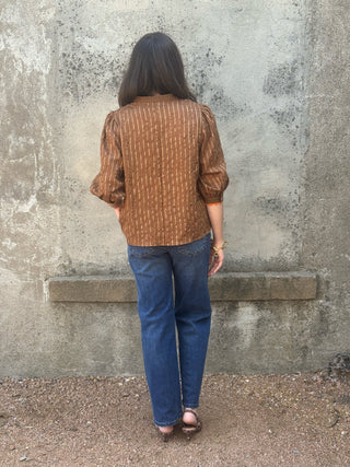 Caramel V Neck Blouse with Orange Ric Rac Detail - Annie Jack TX
