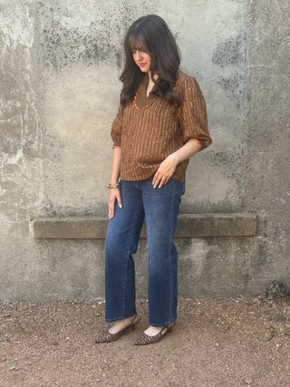 Caramel V Neck Blouse with Orange Ric Rac Detail - Annie Jack TX