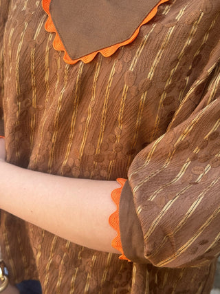 Caramel V Neck Blouse with Orange Ric Rac Detail - Annie Jack TX