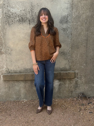 Caramel V Neck Blouse with Orange Ric Rac Detail - Annie Jack TX