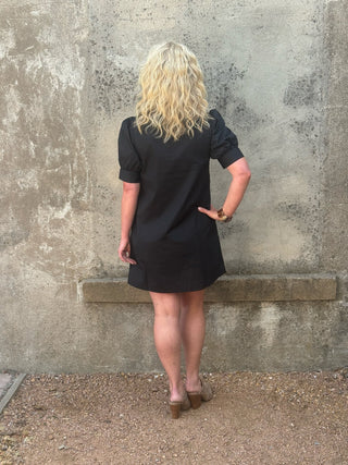 Classic Puff Sleeve Button Dress in Black - Annie Jack TX