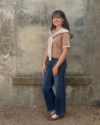 Knit Short Sleeve Top with Striped Sailor Hood - Annie Jack TX