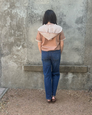 Knit Short Sleeve Top with Striped Sailor Hood - Annie Jack TX