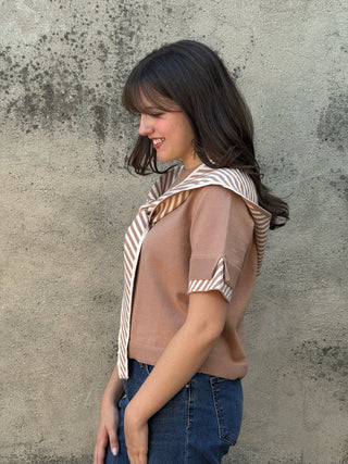 Knit Short Sleeve Top with Striped Sailor Hood - Annie Jack TX