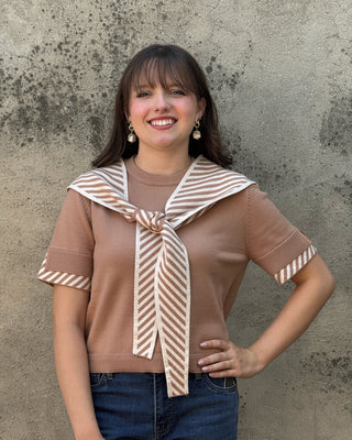 Knit Short Sleeve Top with Striped Sailor Hood - Annie Jack TX
