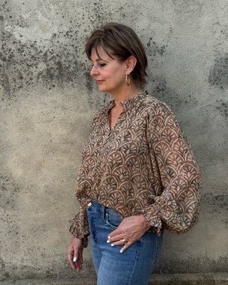 Scallop Print Ruffle V-Neck Blouse - Annie Jack TX
