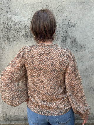 Scallop Print Ruffle V-Neck Blouse - Annie Jack TX
