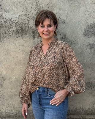 Scallop Print Ruffle V-Neck Blouse - Annie Jack TX