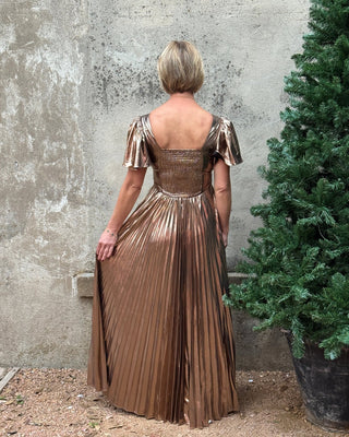 Elegant Metallic Bronze Pleated Maxi Dress - Annie Jack TX
