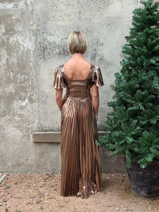 Elegant Metallic Bronze Pleated Maxi Dress - Annie Jack TX