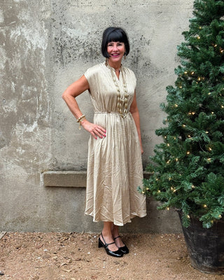 Champagne Gold Crinkle Midi Dress - Party & Event Ready - Annie Jack TX