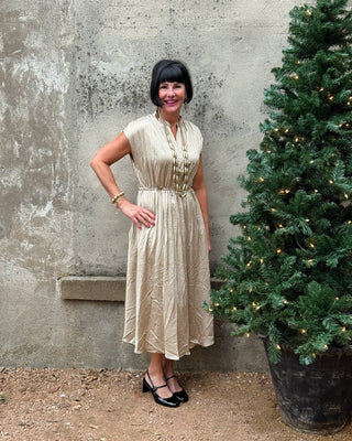 Champagne Gold Crinkle Midi Dress - Party & Event Ready - Annie Jack TX