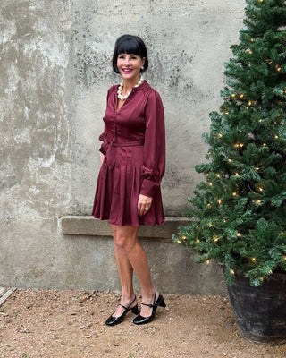 Elegant Burgundy Satin Pleated Dress - Annie Jack TX