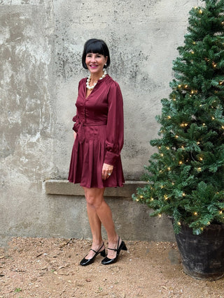 Elegant Burgundy Satin Pleated Dress - Annie Jack TX