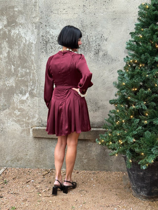 Elegant Burgundy Satin Pleated Dress - Annie Jack TX