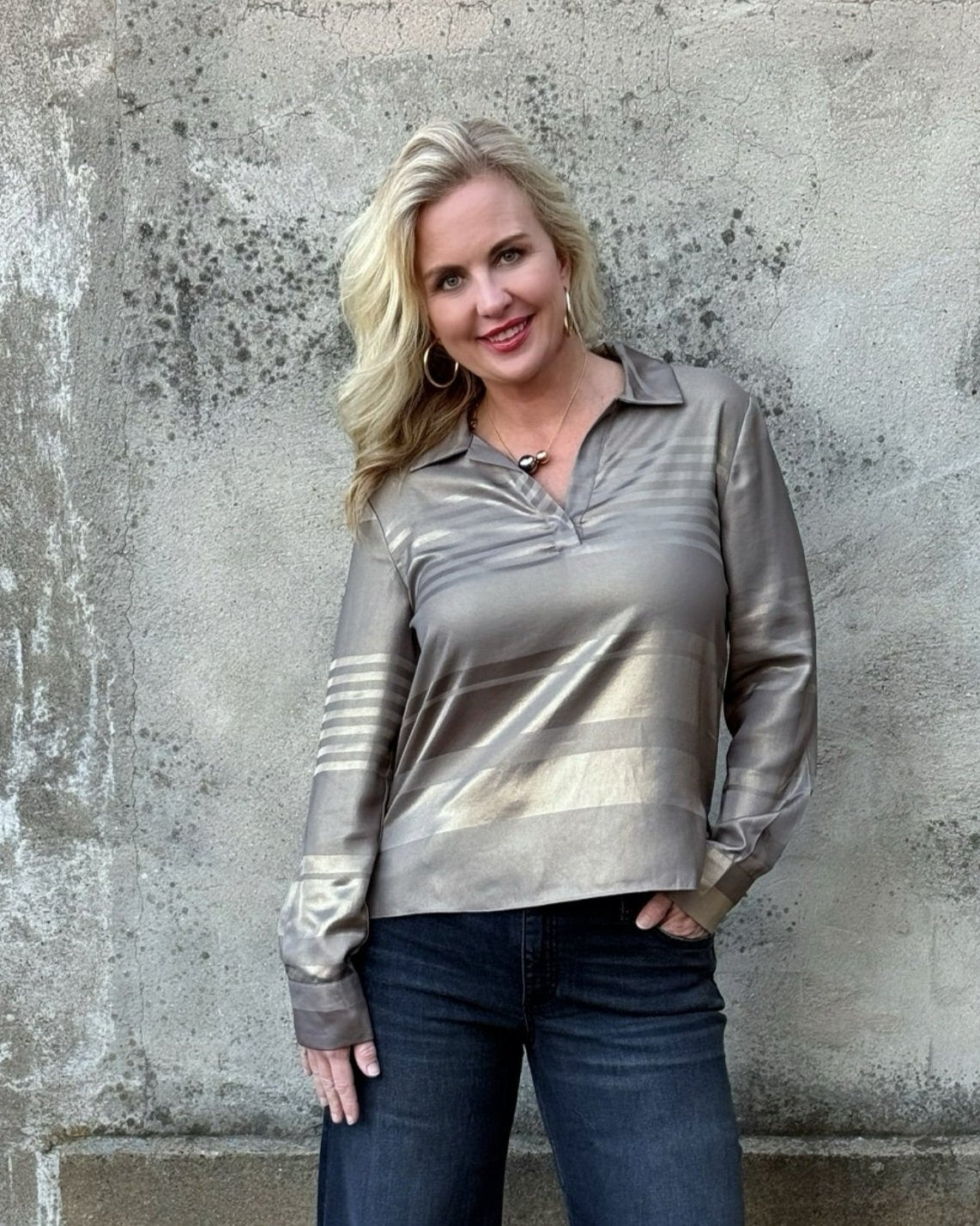 Metallic Top Collared V Neck - Annie Jack TX