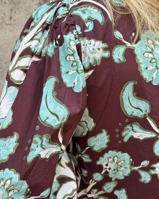 close up of pattern on brown and aqua dress