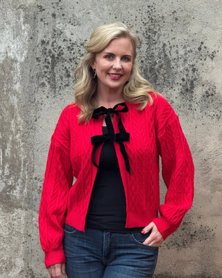 Open Front Cable Sweater W/ Bows - Annie Jack TX