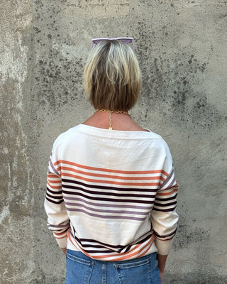 A woman viewed from behind wearing a cream-colored long-sleeve top with orange, black, and gray horizontal stripes, paired with blue jeans, standing against a textured concrete wall.