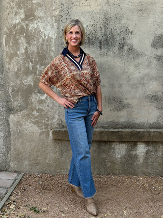Terracotta  and Navy Short Sleeve Top