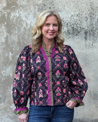 Bohemian Floral Top with Bright Ruffle Detail - Annie Jack TX