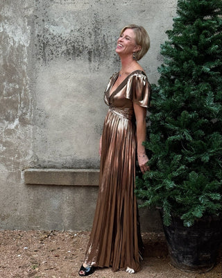 Elegant Metallic Bronze Pleated Maxi Dress - Annie Jack TX