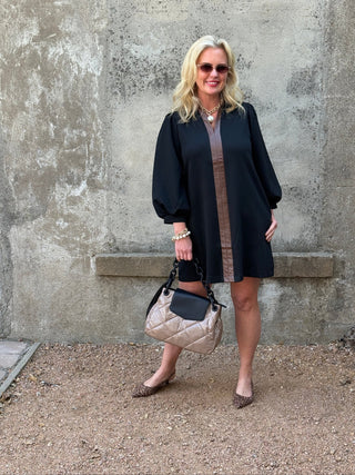 Cognac Accent Black Long Sleeve Shift Dress - Annie Jack TX