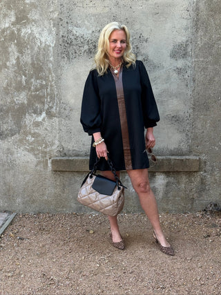 Cognac Accent Black Long Sleeve Shift Dress - Annie Jack TX