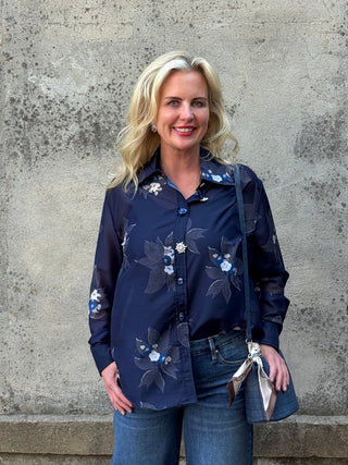 Midnight Garden Sheer Floral Blouse with Jeweled Buttons - Annie Jack TX