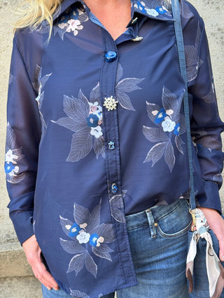 Midnight Garden Sheer Floral Blouse with Jeweled Buttons - Annie Jack TX