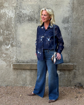 Midnight Garden Sheer Floral Blouse with Jeweled Buttons - Annie Jack TX