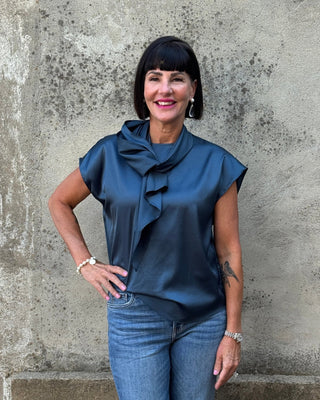 Eleanor Teal Tie-Neck Satin Blouse - Annie Jack TX