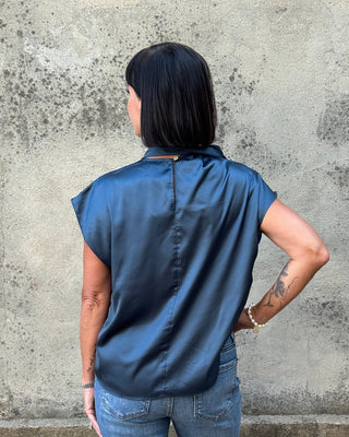 Eleanor Teal Tie-Neck Satin Blouse - Annie Jack TX