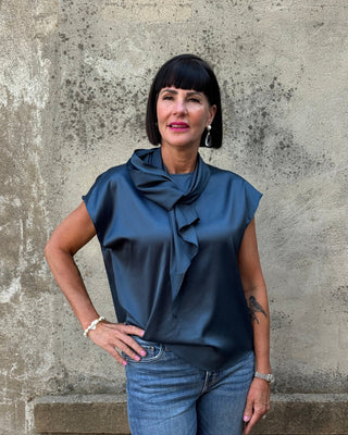 Eleanor Teal Tie-Neck Satin Blouse - Annie Jack TX