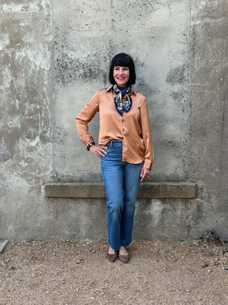 Button Down Long Sleeve Silk Feel Top - Annie Jack TX