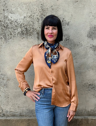 Button Down Long Sleeve Silk Feel Top - Annie Jack TX