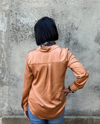Button Down Long Sleeve Silk Feel Top - Annie Jack TX