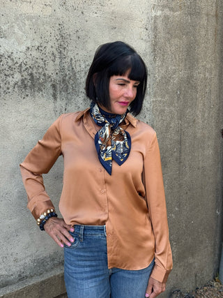 Button Down Long Sleeve Silk Feel Top - Annie Jack TX