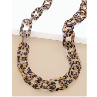 Long Leopard Link Resin Necklace - Bold Animal Print Statement - Annie Jack TX