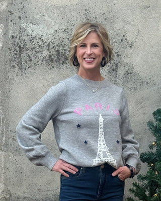 Chic Paris Eiffel Tower Grey Knit Sweater - Annie Jack TX
