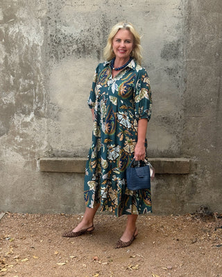 Teal Printed Collared Midi Dress