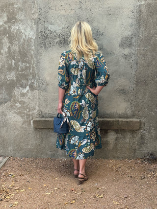 Teal Printed Collared Midi Dress