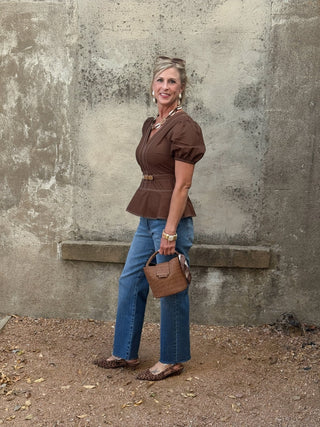 V Neck Belted Blouse With Contrast Stitching - Annie Jack TX